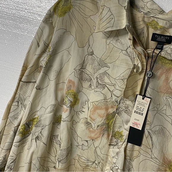 Talbots Shirt Women 20WP Beige Ruffle Button Front Cotton Floral Roll Tab Sleeve - Picture 3 of 9